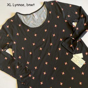 XL Lularoe Lynnae long-sleeve top, black with orange and pink atoms
